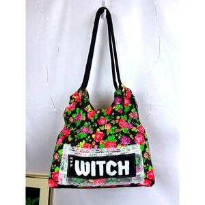 Upcycled Floral Print Shoulder Bag Witch Patch Black Cottage Core Whimsical Goth